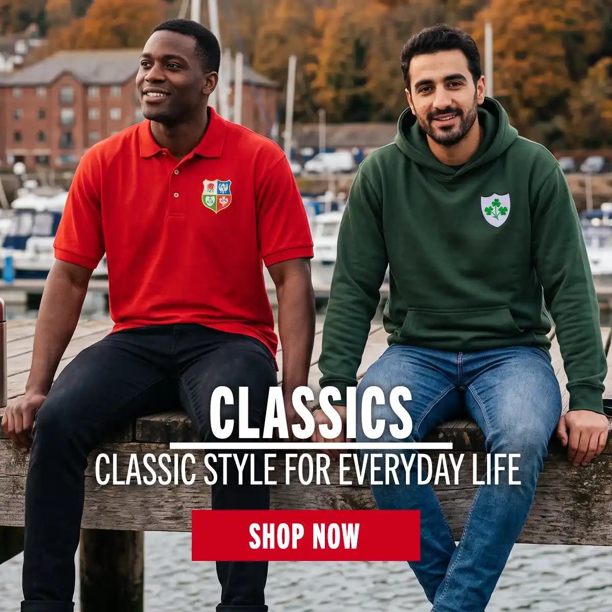 Two guys sitting while wearing their classic Lions Polo shirt and a Ireland Hoodie