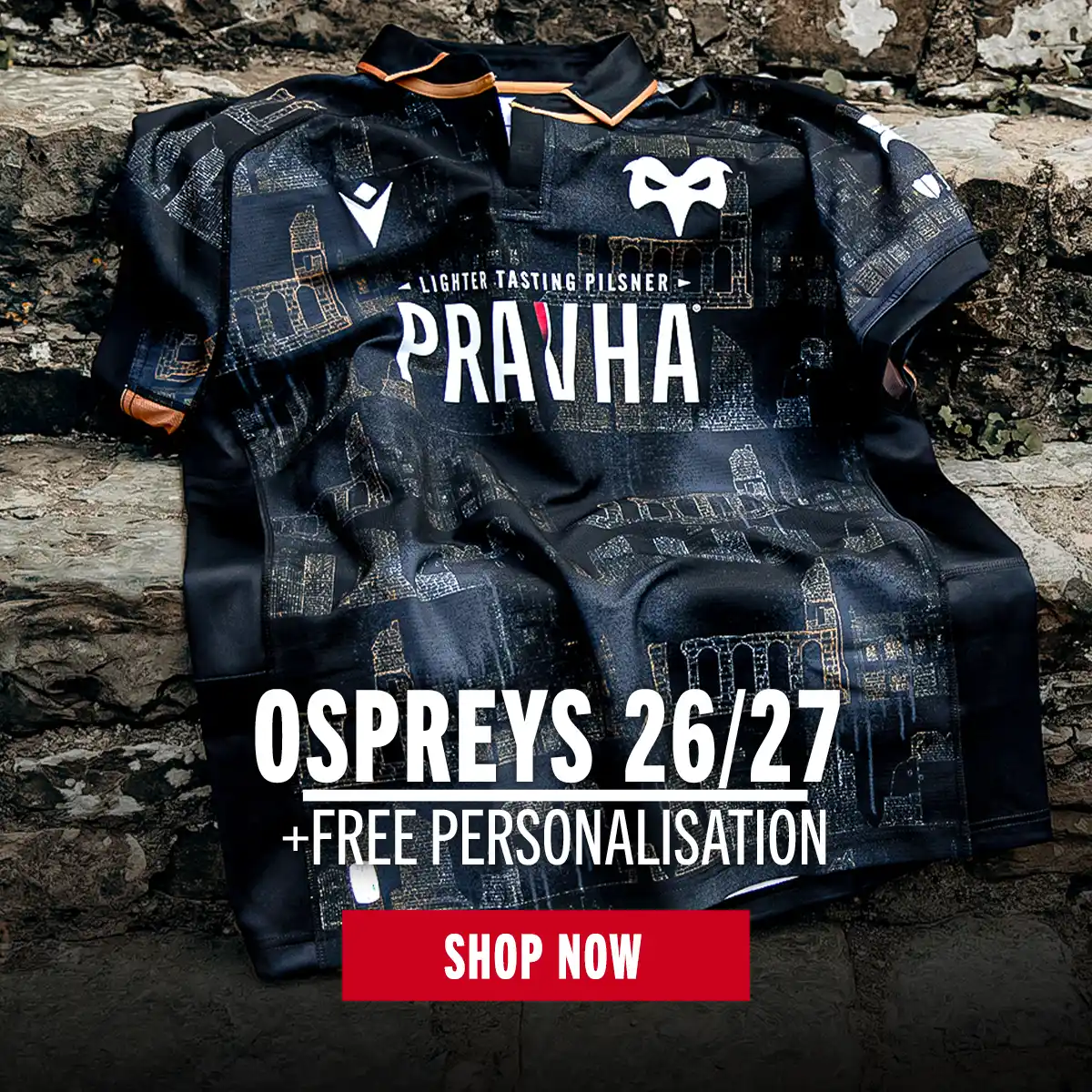 The new 26/27 Ospreys home shirt sits on the steps of an old castle in Wales.
