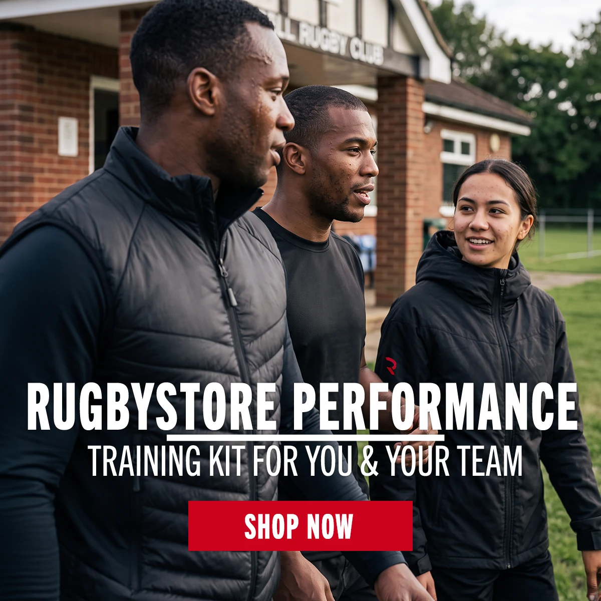 Rugbystore Performance A group of three people step out onto a rugby field wearing products from the Rugbystore Performance range.