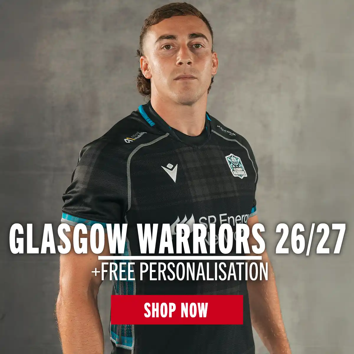 Josh Mackay stands in the new Glasgow Warriors 26/27 Mens Home Rugby Shirt.