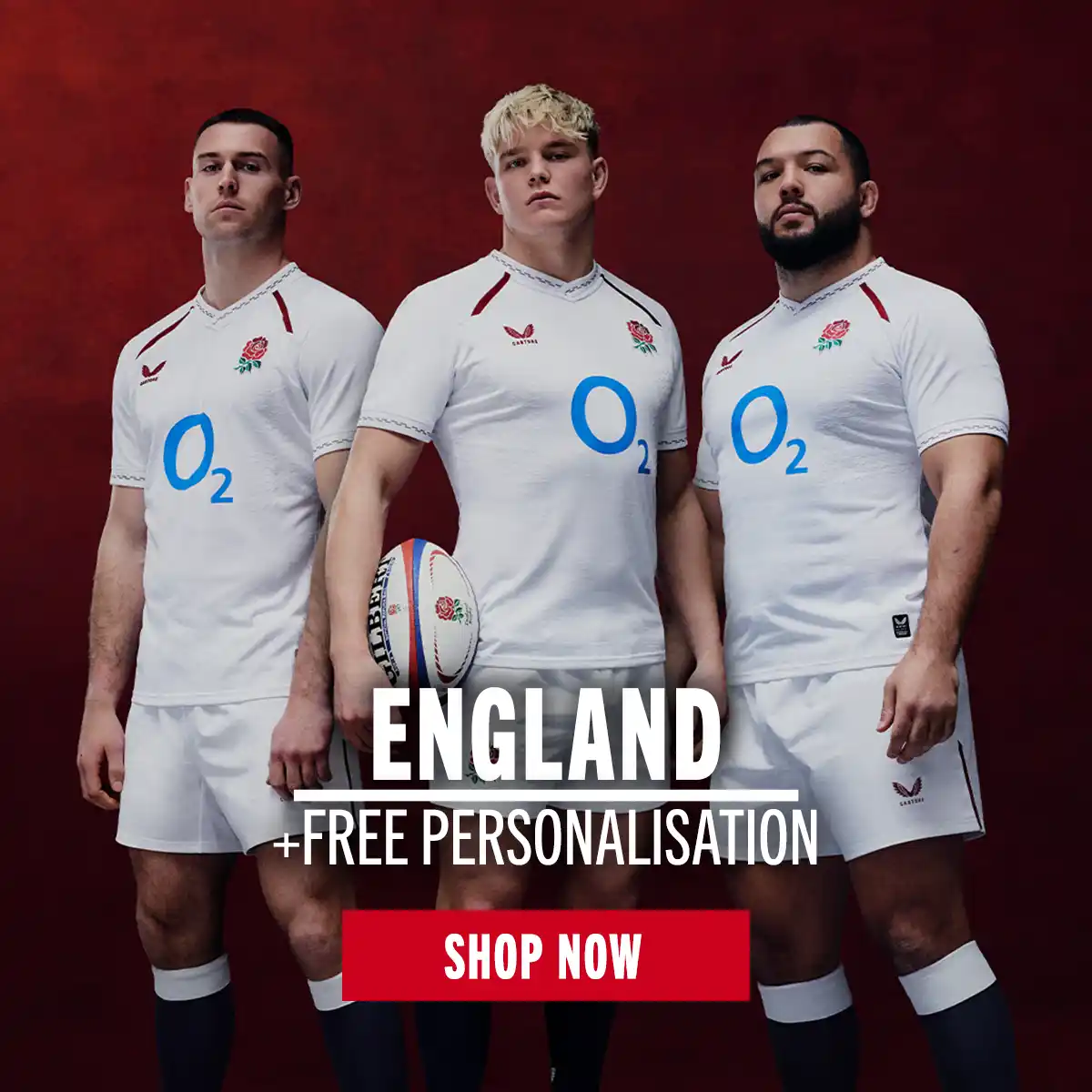 Three England Men's Rugby players stand and show off the New England home kit for the 26/27 season.
