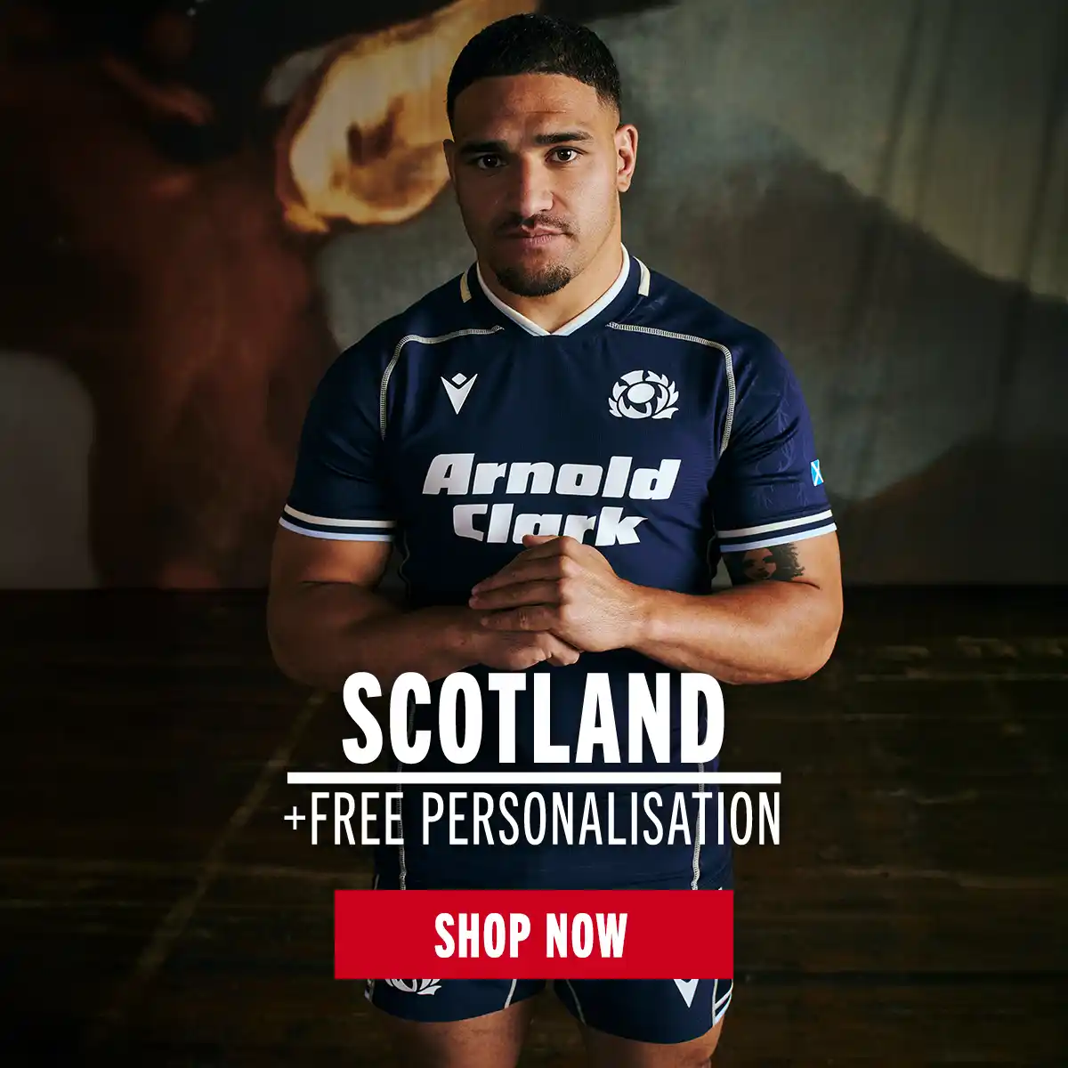 Sione Tuipulotu shows off the new Scotland home kit for the 26/27 season.
