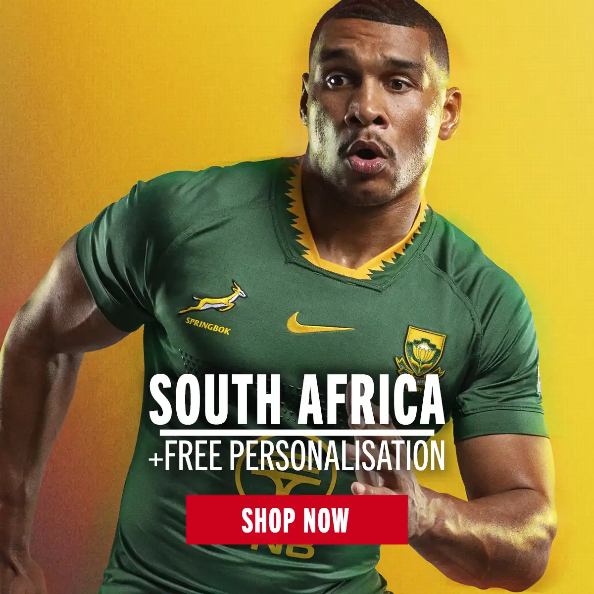 A montage showing a South Africa rugby player wearing the new season rugby shirt, and flatly images of the new home and away rugby shirts