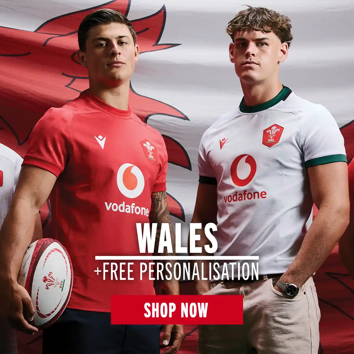 A montage of Wales Rugby players wearing the 2026/27 season home and away rugby shirts and shorts.