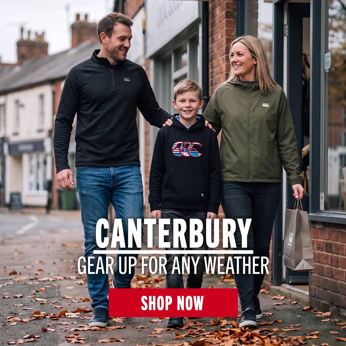 Shop Canterbury A family walk down the street in the CCC clothing from the Everest, Tempo & Uglies range.