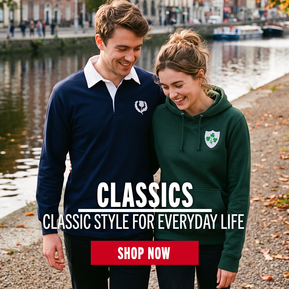 Classics A couple walk along a canal wearing a classic Scotland Rugby Shirt and Classic Ireland Hoodie