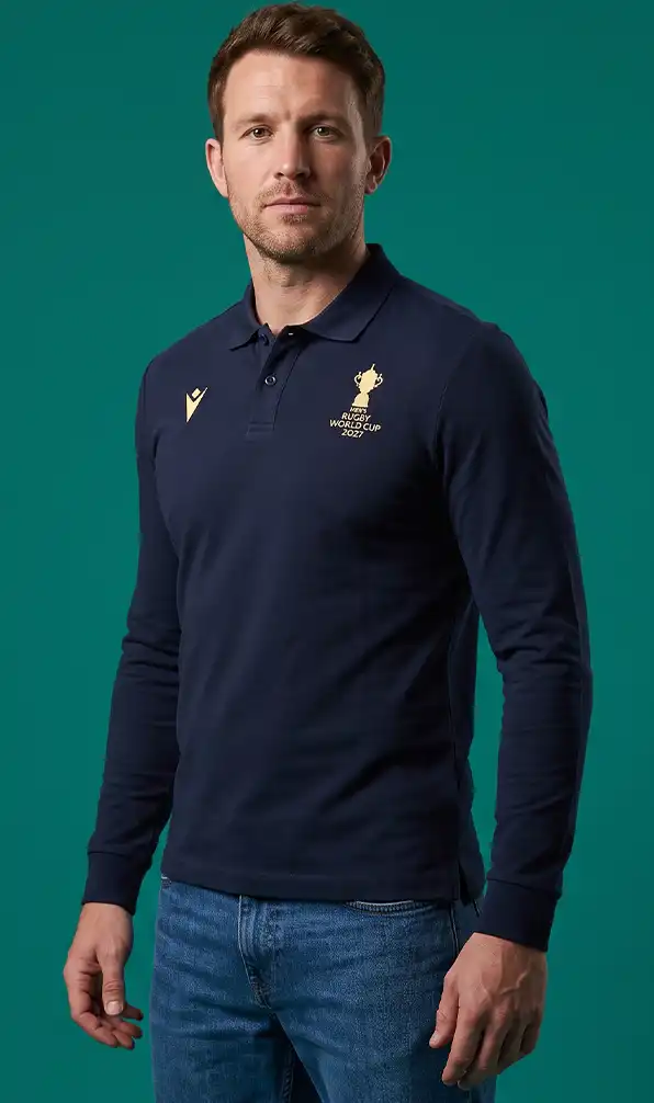 A man stands in the new Men's Rugby World Cup fanwear.