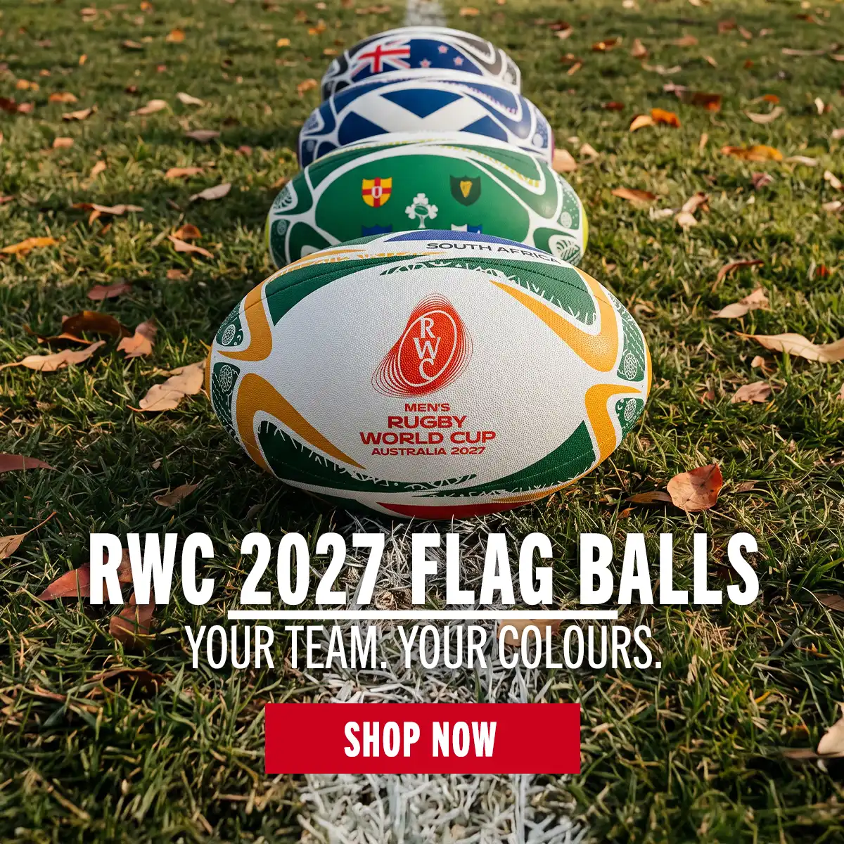 Gilbert Rugby World Cup 2027 Flag Balls Gilbert World Cup rugby balls for South Africa, Ireland, Scotland and New Zealand are lined up.