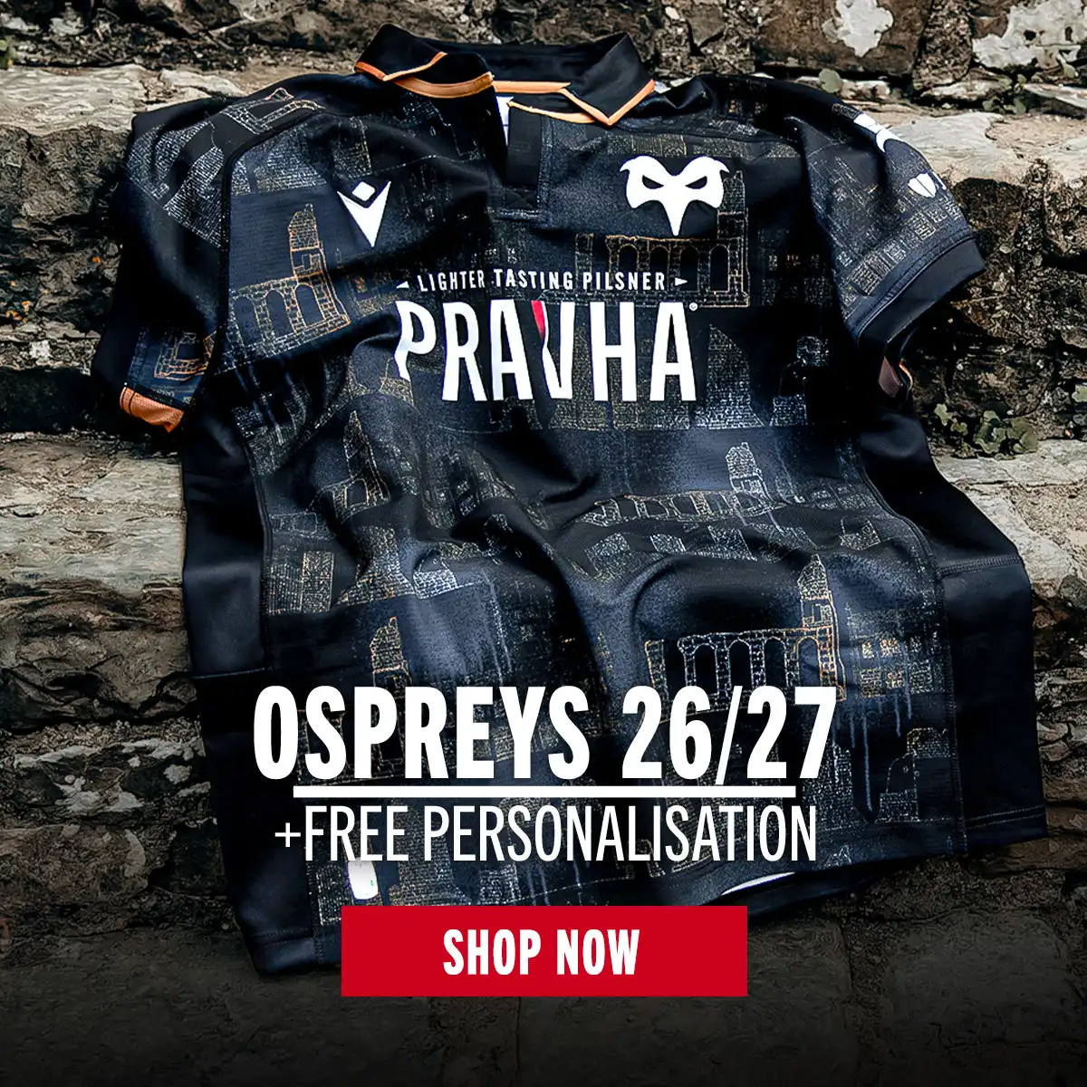 The new 26/27 Ospreys home shirt sits on the steps of an old castle in Wales.