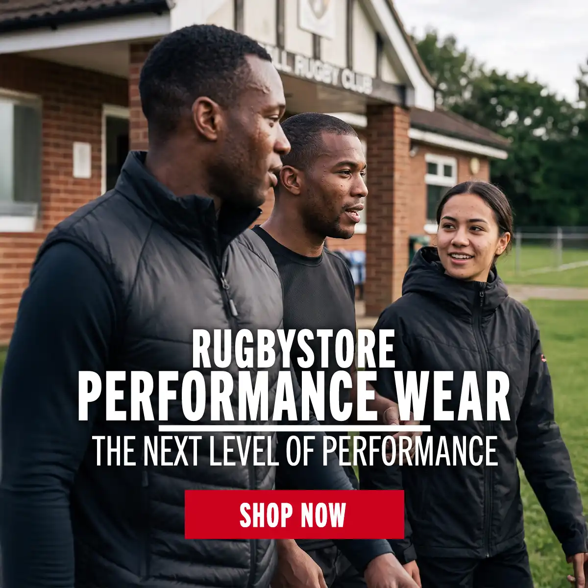 Rugbystore Performance A group of three people step out onto a rugby field wearing products from the Rugbystore Performance range.