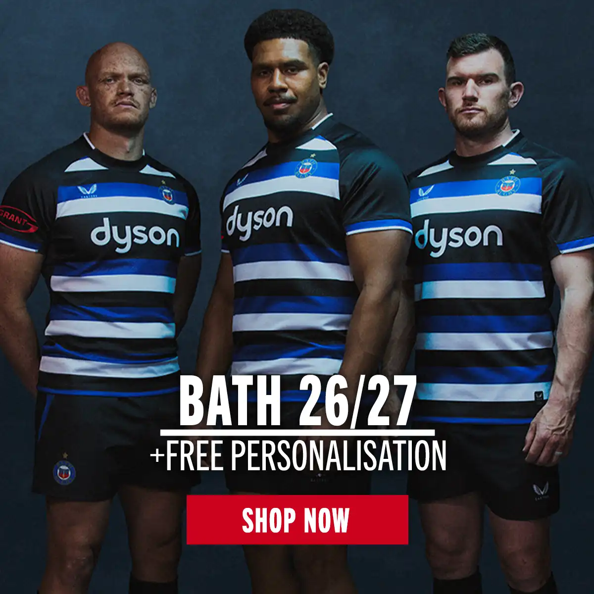 Three Bath rugby players stand in the new 26/27 Bath home rugby kit.