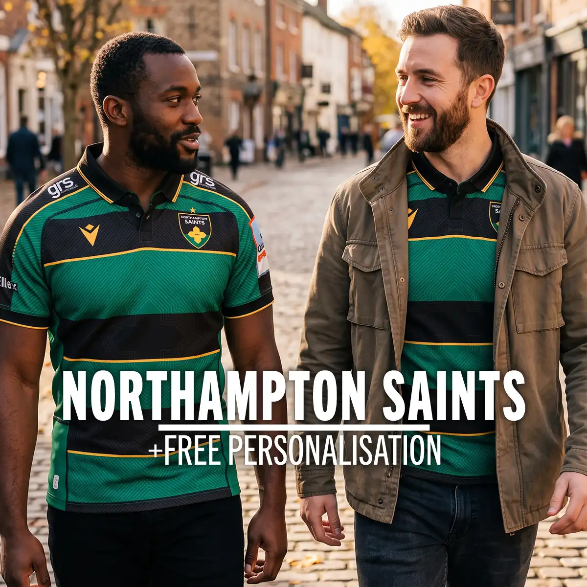 Two men are walking to the game in their 26/27 Northampton Saints Rugby Shirts.