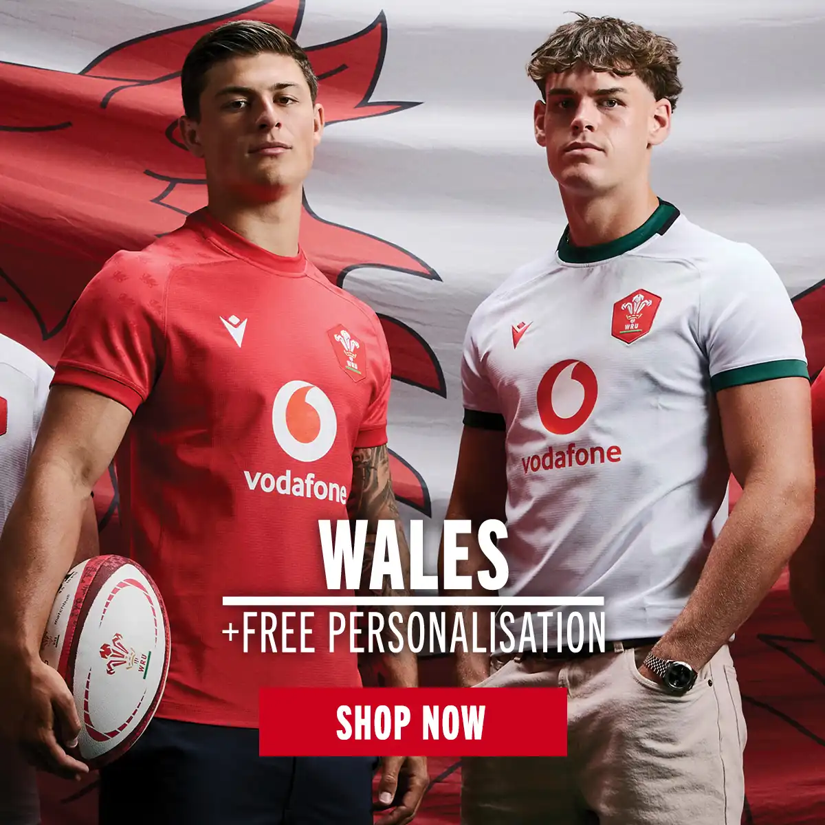 A montage of Wales Rugby players wearing the 2026/27 season home and away rugby shirts and shorts.