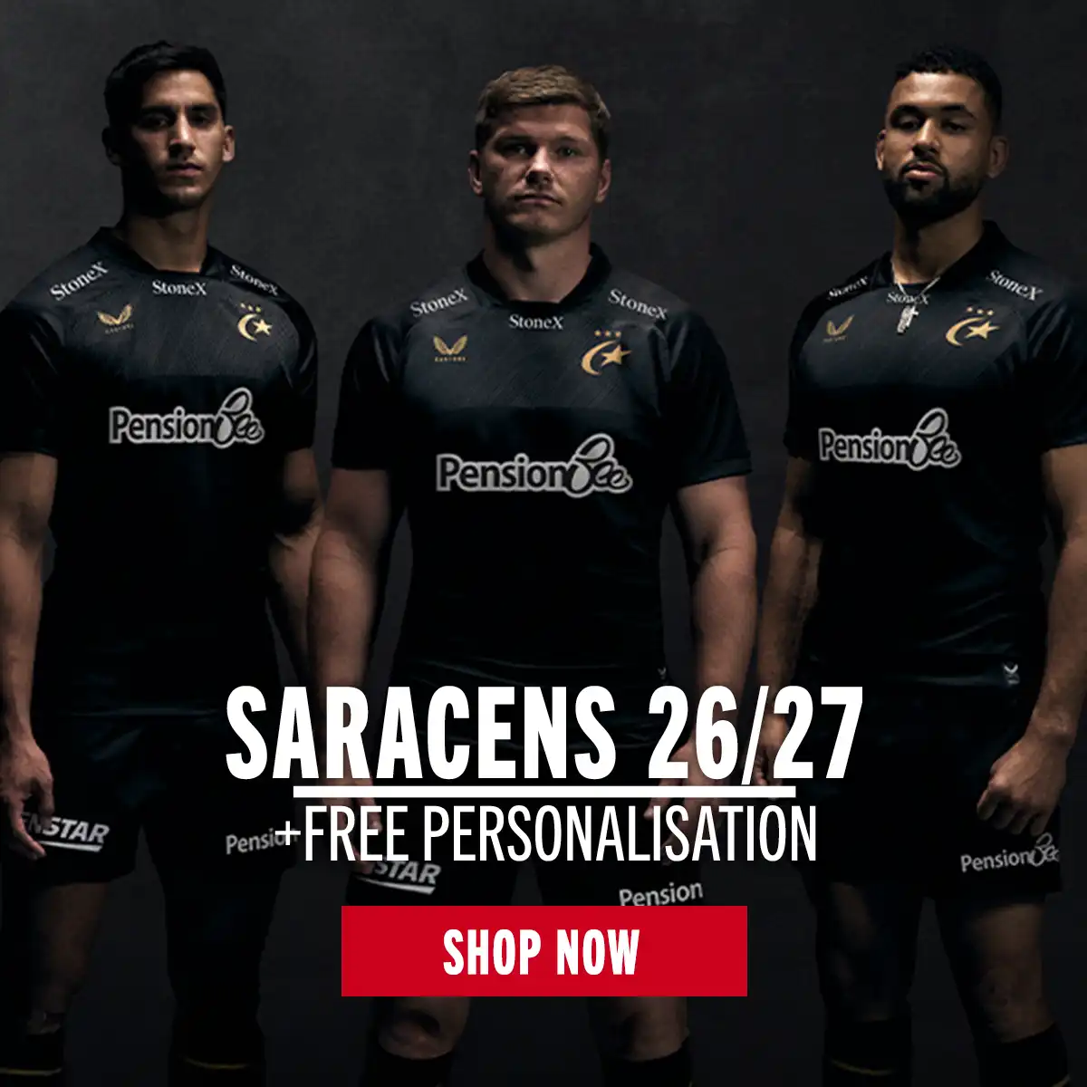 Three Saracens players stand in the new 26/27 Home Rugby Shirt.