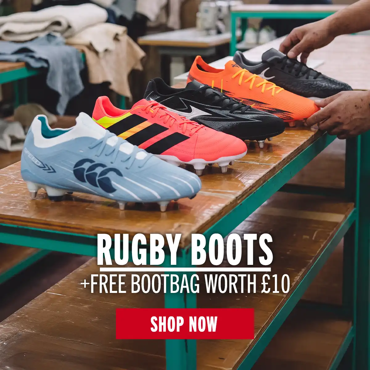 Rugby Boots Boots from Adidas, Canterbury, Mizuno and Gilbert are lined up on a table in a factory.