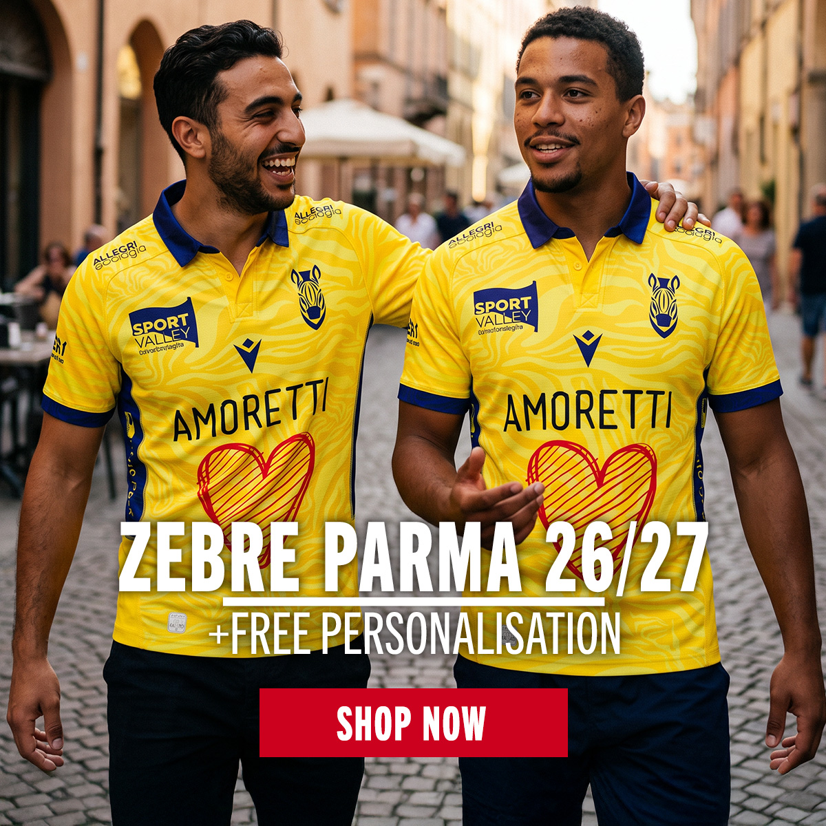 Two Zebre fans are walking through town in their new Zebre away shirts